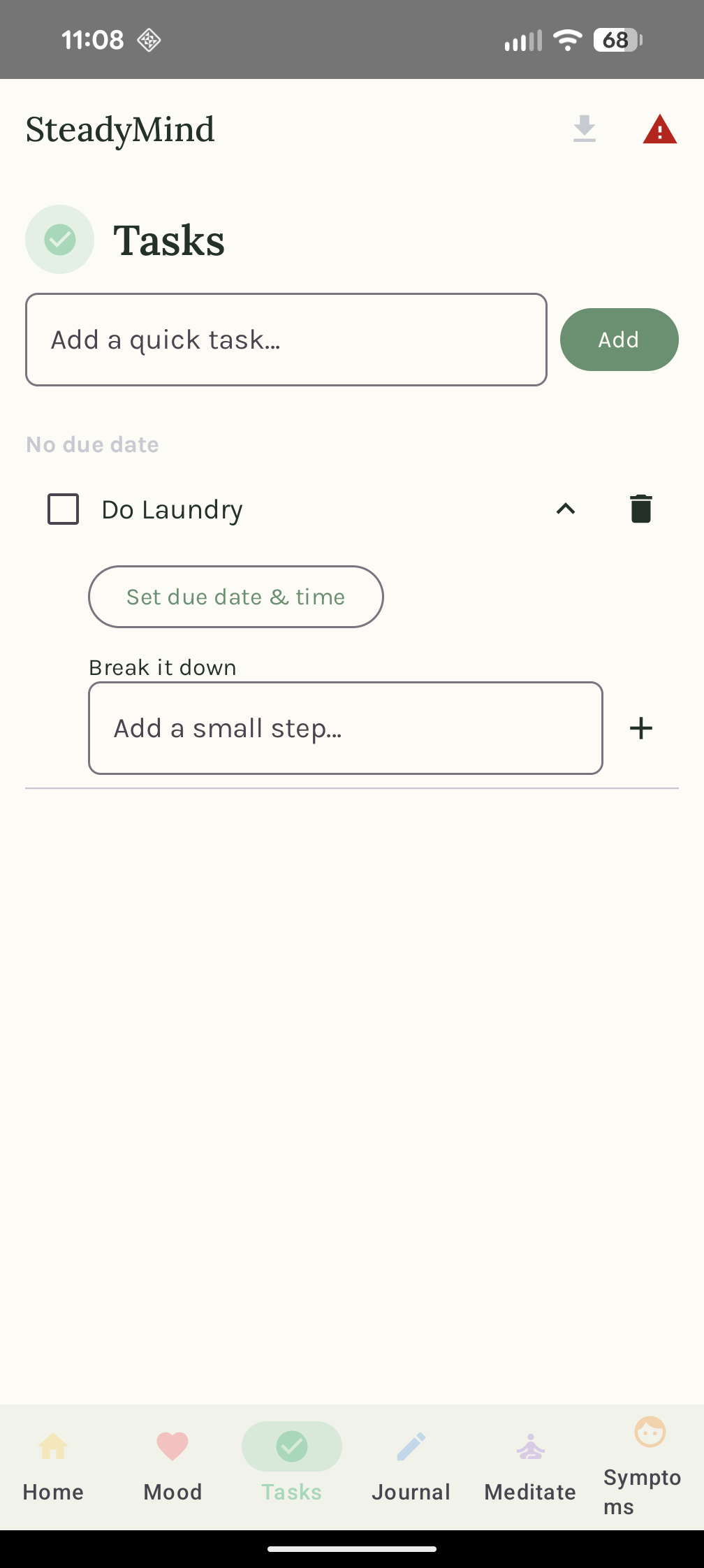 SteadyMind tasks and subtasks
